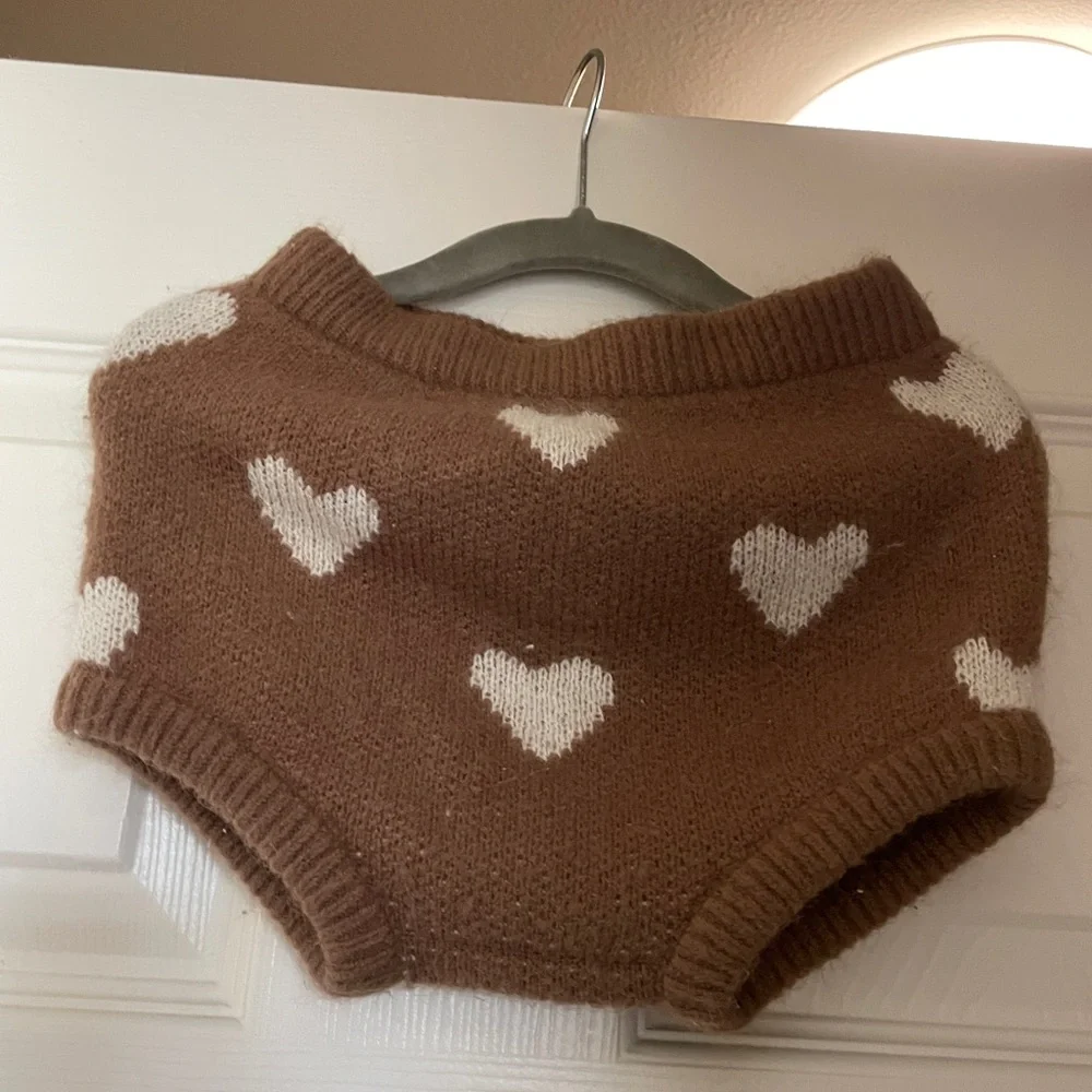 Rylee + Cru Brown Knit Heart Diaper Cover with Cream Hearts